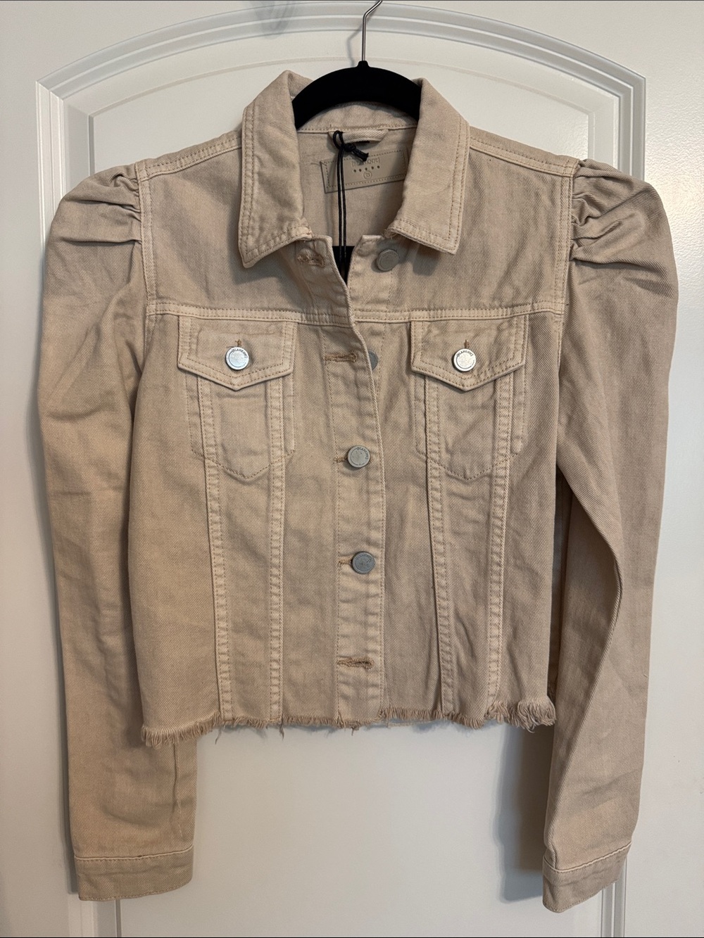 Blank NYC Beige Cropped Denim Jacket with Puff Shoulders
